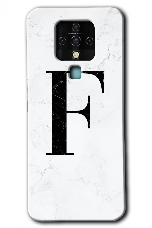 Tecno Camon 16 Kılıf HD Desen Baskılı Arka Kapak - Beyaz Mermer Desenli F Harfi