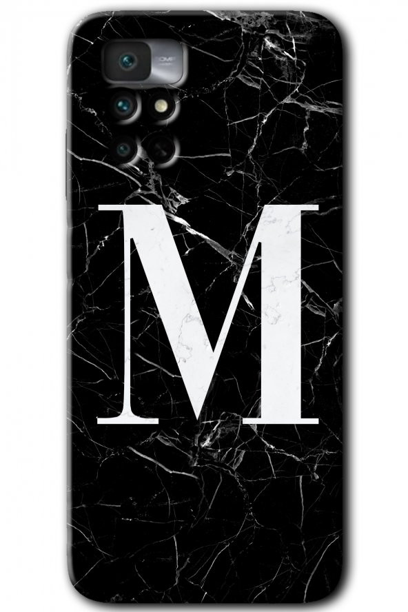 Redmi Note 11 4G Kılıf HD Desen Baskılı Arka Kapak - Siyah Mermer Desenli M Harfi