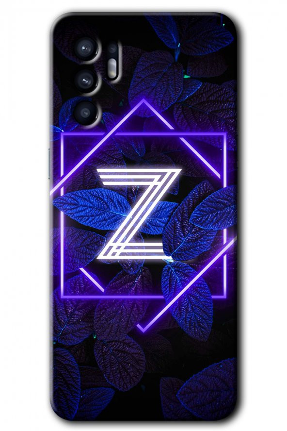 Oppo Reno 6 Kılıf HD Desen Baskılı Arka Kapak - Dark Neon Yaprak Z Harfi