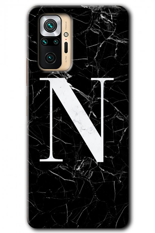 Redmi Note 10 Pro Kılıf HD Desen Baskılı Arka Kapak - Siyah Mermer Desenli N Harfi