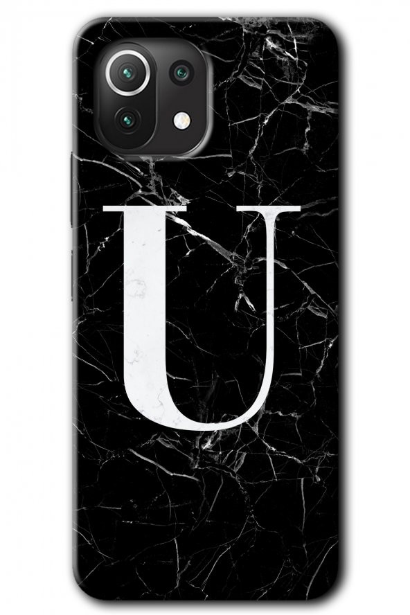 Xiaomi Mi 11 Kılıf HD Desen Baskılı Arka Kapak - Siyah Mermer Desenli U Harfi