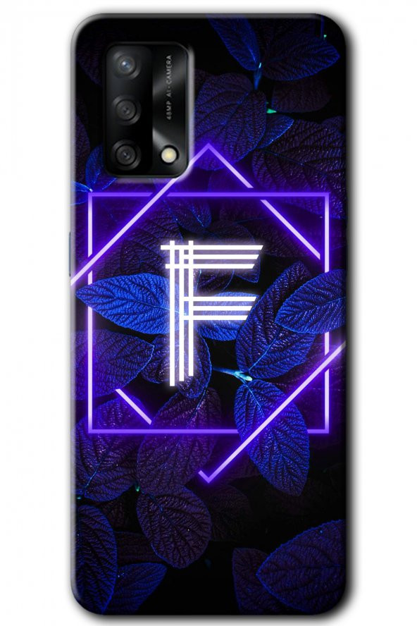 Oppo A54 Kılıf HD Desen Baskılı Arka Kapak - Dark Neon Yaprak F Harfi