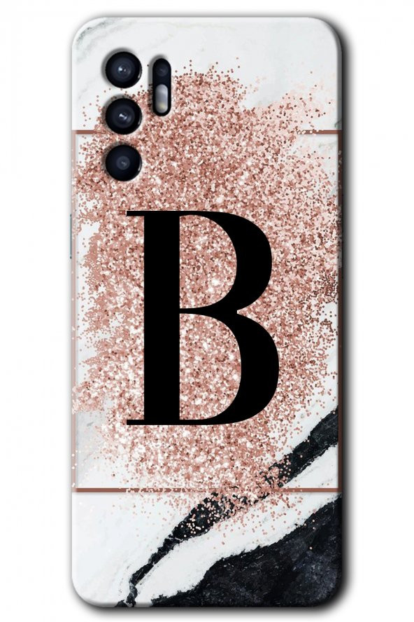 Oppo Reno 6 Kılıf HD Desen Baskılı Arka Kapak - Pembe Mermer Desenli B Harfi