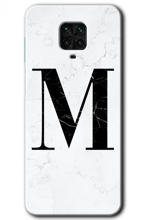 Redmi Note 9 Pro Kılıf HD Desen Baskılı Arka Kapak - Beyaz Mermer Desenli M Harfi