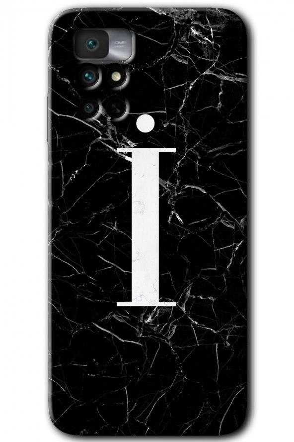 Redmi Note 11 4G Kılıf HD Desen Baskılı Arka Kapak - Siyah Mermer Desenli İ Harfi