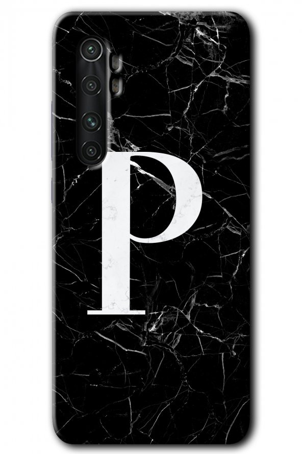 Xiaomi Mi Note 10 Lite Kılıf HD Desen Baskılı Arka Kapak - Siyah Mermer Desenli P Harfi