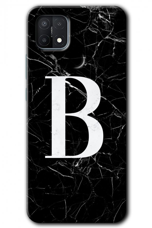 Oppo A15s Kılıf HD Desen Baskılı Arka Kapak - Siyah Mermer Desenli B Harfi