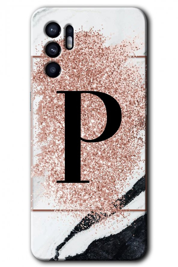 Oppo Reno 6 Kılıf HD Desen Baskılı Arka Kapak - Pembe Mermer Desenli P Harfi