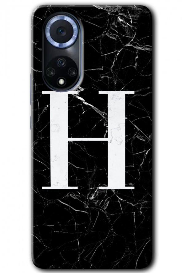 Huawei Nova 9 Kılıf HD Desen Baskılı Arka Kapak - Siyah Mermer Desenli H Harfi