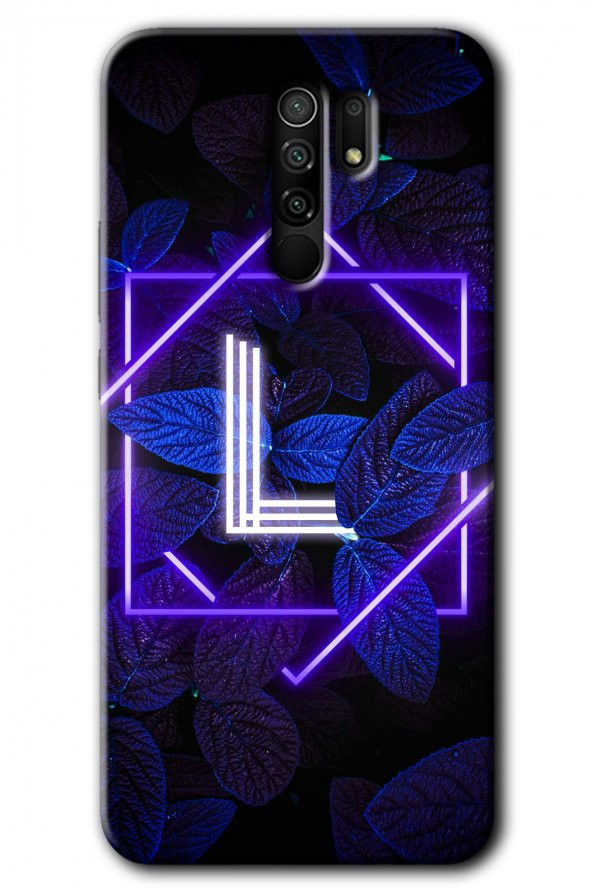 Redmi 9 Kılıf HD Desen Baskılı Arka Kapak - Dark Neon Yaprak L Harfi