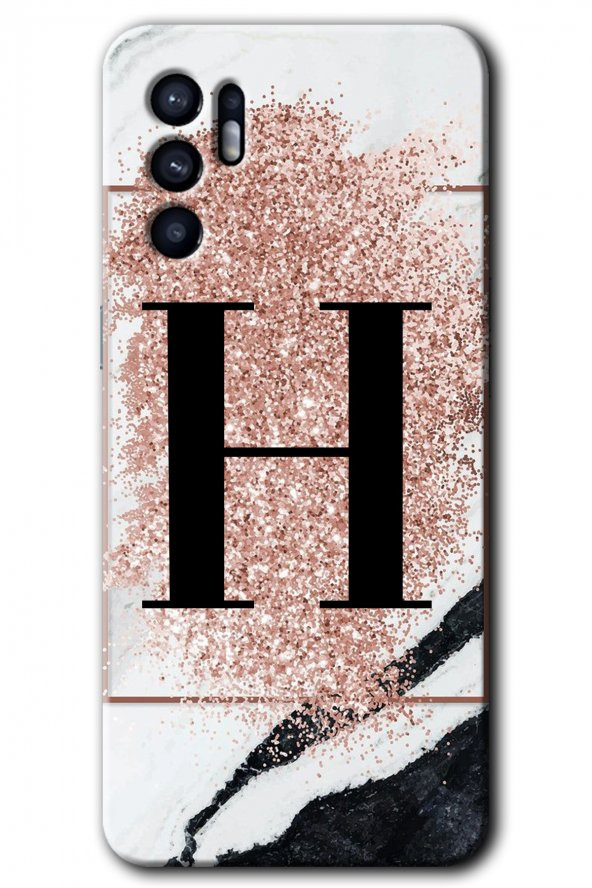 Oppo Reno 6 Kılıf HD Desen Baskılı Arka Kapak - Pembe Mermer Desenli H Harfi - 1
