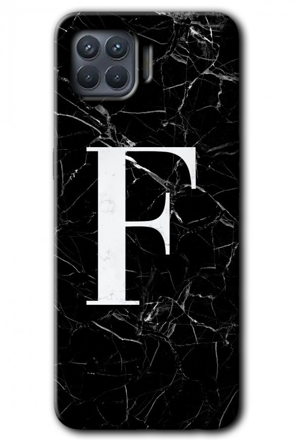 Oppo Reno 4 Lite Kılıf HD Desen Baskılı Arka Kapak - Siyah Mermer Desenli F Harfi - 1