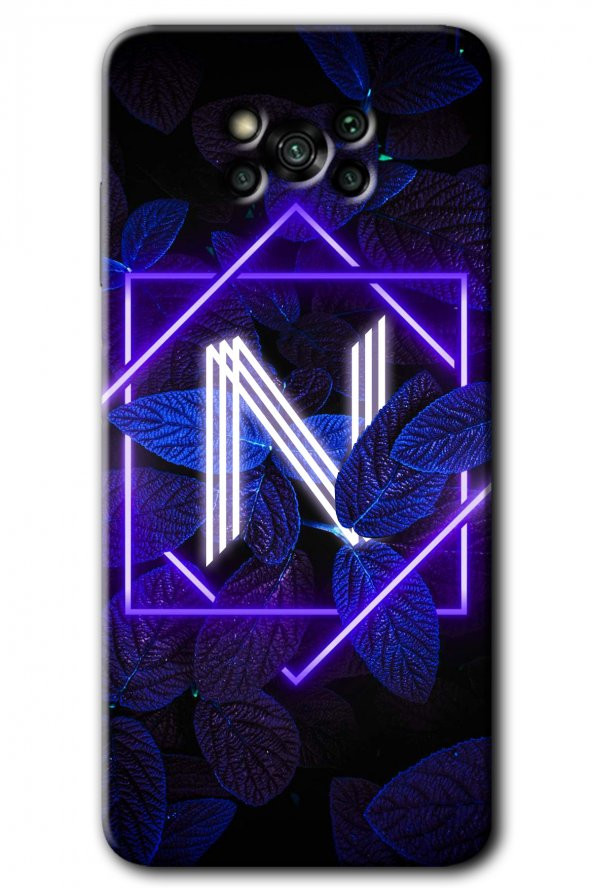 Poco x3 NFC Kılıf HD Desen Baskılı Arka Kapak - Dark Neon Yaprak N Harfi