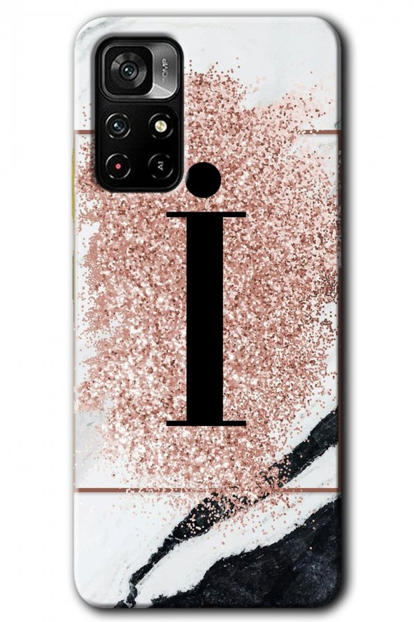 Redmi Note 11T Kılıf HD Desen Baskılı Arka Kapak - Pembe Mermer Desenli İ Harfi
