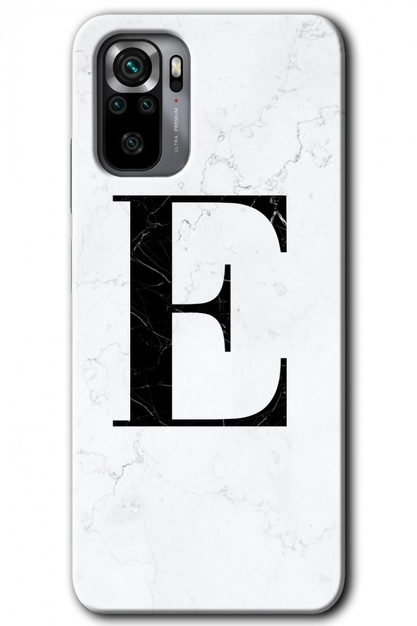 Redmi Note 10s Kılıf HD Desen Baskılı Arka Kapak - Beyaz Mermer Desenli E Harfi