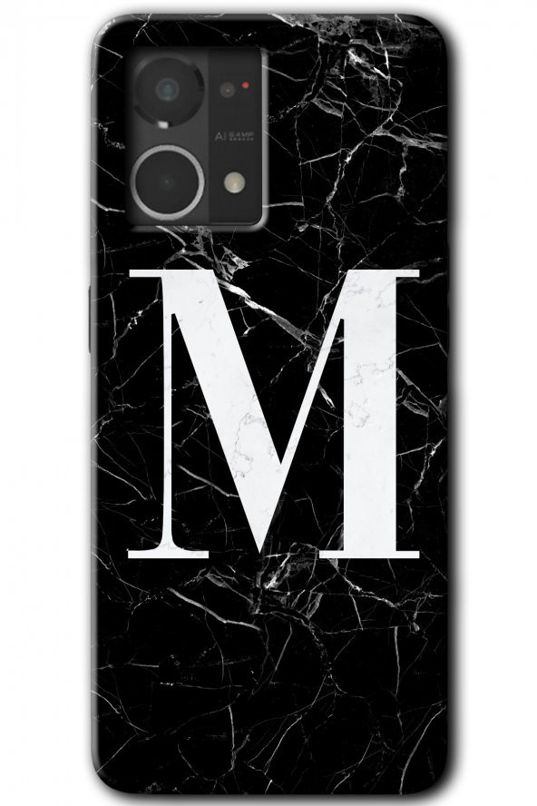 Oppo Reno 7 4G Kılıf HD Desen Baskılı Arka Kapak - Siyah Mermer Desenli M Harfi - 1