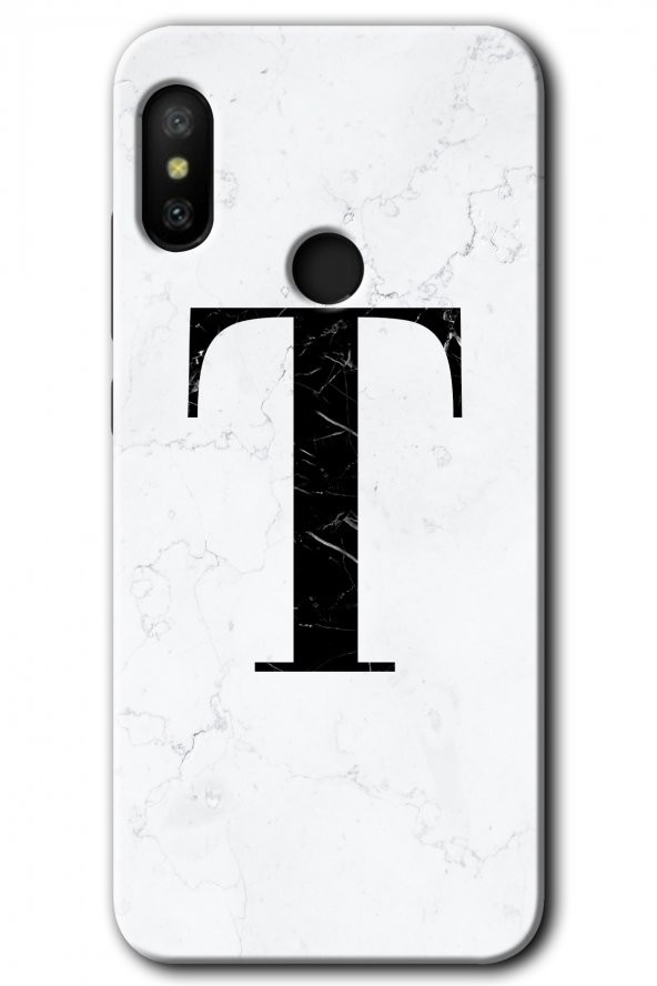 Xiaomi Mi A2 Lite Kılıf HD Desen Baskılı Arka Kapak - Beyaz Mermer Desenli T Harfi