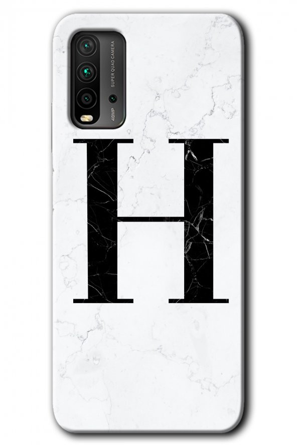 Poco M3 Kılıf HD Desen Baskılı Arka Kapak - Beyaz Mermer Desenli H Harfi