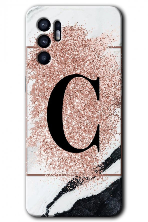 Oppo Reno 6 Kılıf HD Desen Baskılı Arka Kapak - Pembe Mermer Desenli C Harfi - 1
