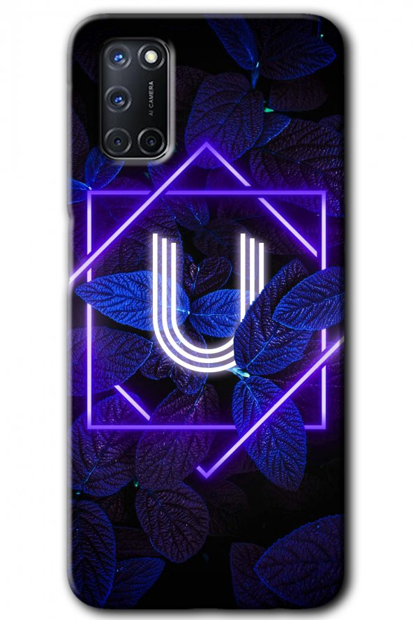Oppo A92 Kılıf HD Desen Baskılı Arka Kapak - Dark Neon Yaprak U Harfi