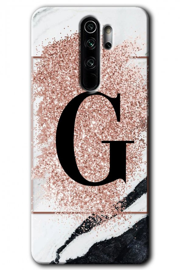 Redmi Note 8 Pro Kılıf HD Desen Baskılı Arka Kapak - Pembe Mermer Desenli G Harfi