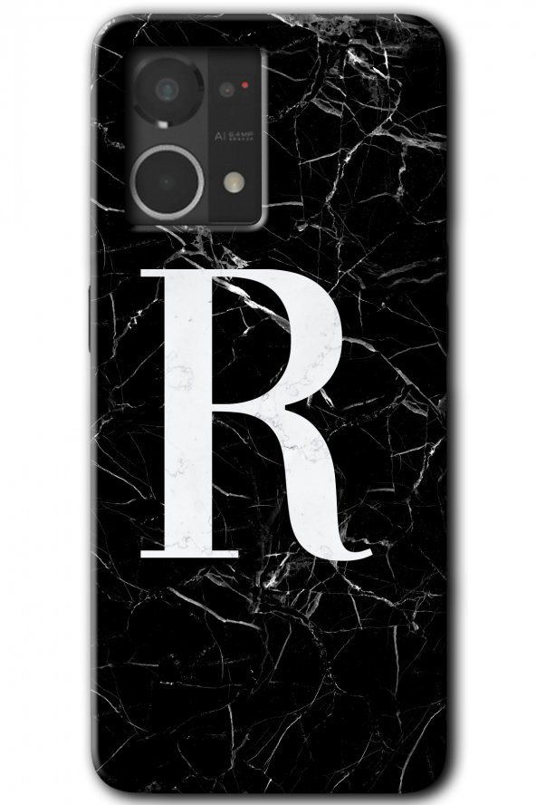 Oppo Reno 7 4G Kılıf HD Desen Baskılı Arka Kapak - Siyah Mermer Desenli R Harfi - 1