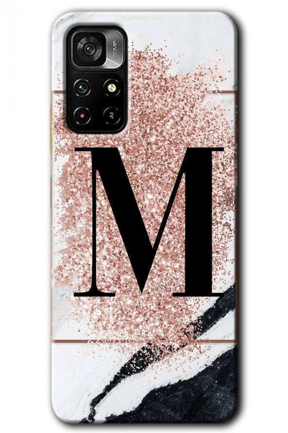 Redmi Note 11T Kılıf HD Desen Baskılı Arka Kapak - Pembe Mermer Desenli M Harfi