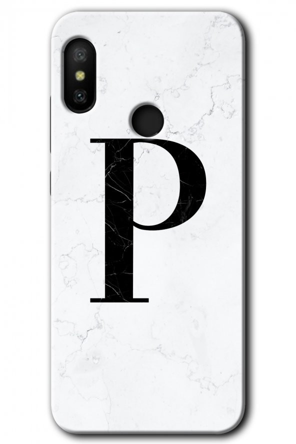 Xiaomi Mi A2 Lite Kılıf HD Desen Baskılı Arka Kapak - Beyaz Mermer Desenli P Harfi