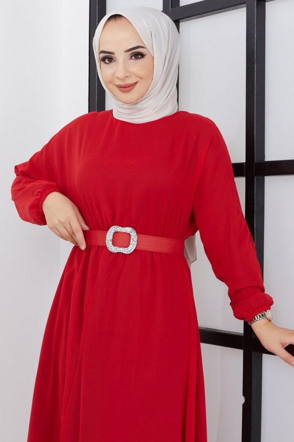 Kuşaklı Tesettür Elbise - Kırmızı - 2