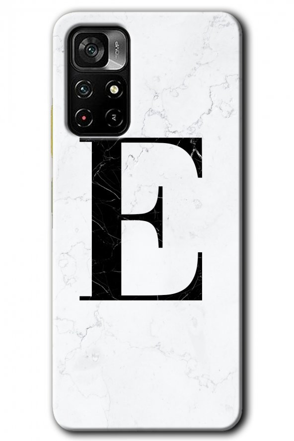 Redmi Note 11T Kılıf HD Desen Baskılı Arka Kapak - Beyaz Mermer Desenli E Harfi