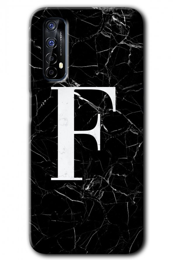 Realme 7 Kılıf HD Desen Baskılı Arka Kapak - Siyah Mermer Desenli F Harfi