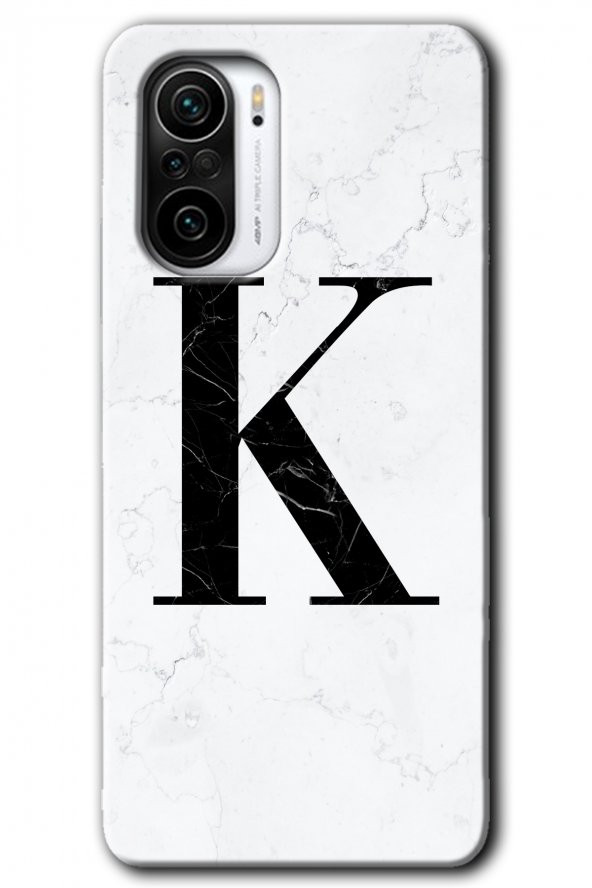 Redmi K40 Pro Kılıf HD Desen Baskılı Arka Kapak - Beyaz Mermer Desenli K Harfi