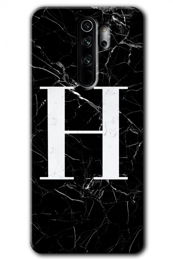 Redmi Note 8 Pro Kılıf HD Desen Baskılı Arka Kapak - Siyah Mermer Desenli H Harfi