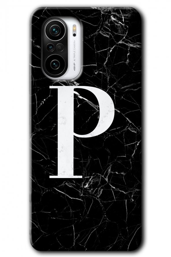 Redmi Mi11i Kılıf HD Desen Baskılı Arka Kapak - Siyah Mermer Desenli P Harfi