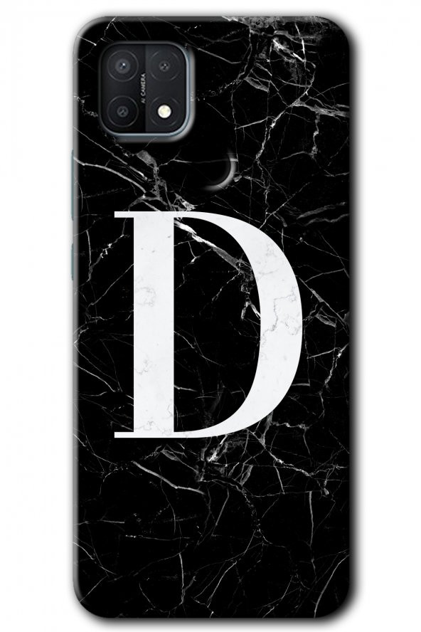 Oppo A15s Kılıf HD Desen Baskılı Arka Kapak - Siyah Mermer Desenli D Harfi - 1
