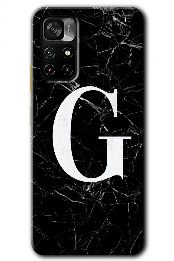Redmi Note 11T Kılıf HD Desen Baskılı Arka Kapak - Siyah Mermer Desenli G Harfi
