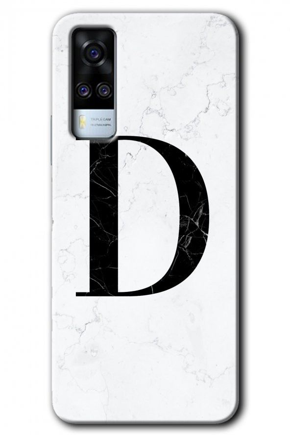 Vivo Y53s Kılıf HD Desen Baskılı Arka Kapak - Beyaz Mermer Desenli D Harfi