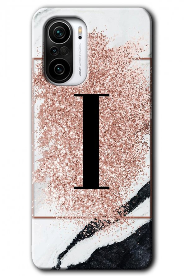 Redmi K40 Pro Kılıf HD Desen Baskılı Arka Kapak - Pembe Mermer Desenli I Harfi
