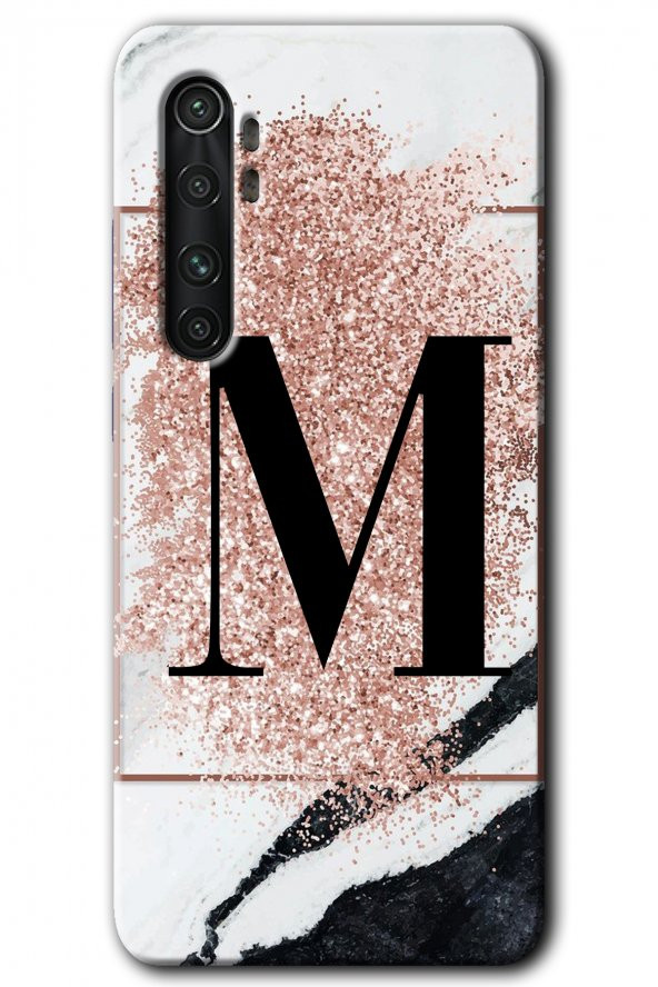 Xiaomi Mi Note 10 Lite Kılıf HD Desen Baskılı Arka Kapak - Pembe Mermer Desenli M Harfi - 1