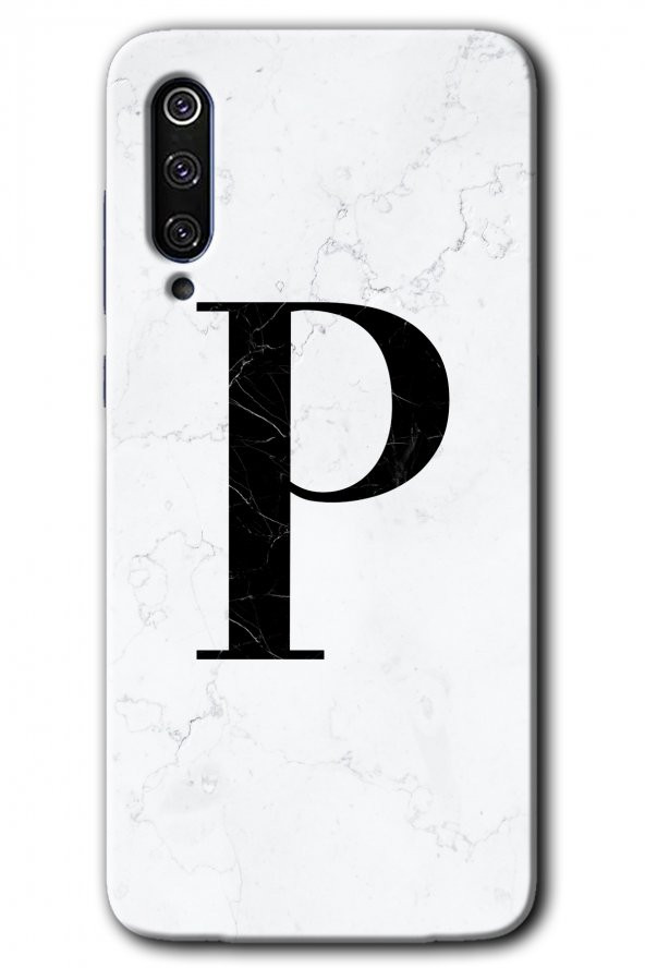 Xiaomi Mi 9 SE Kılıf HD Desen Baskılı Arka Kapak - Beyaz Mermer Desenli P Harfi