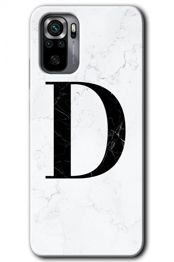 Redmi Note 10s Kılıf HD Desen Baskılı Arka Kapak - Beyaz Mermer Desenli D Harfi