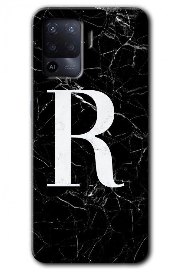 Oppo Reno 5 Lite Kılıf HD Desen Baskılı Arka Kapak - Siyah Mermer Desenli R Harfi - 1