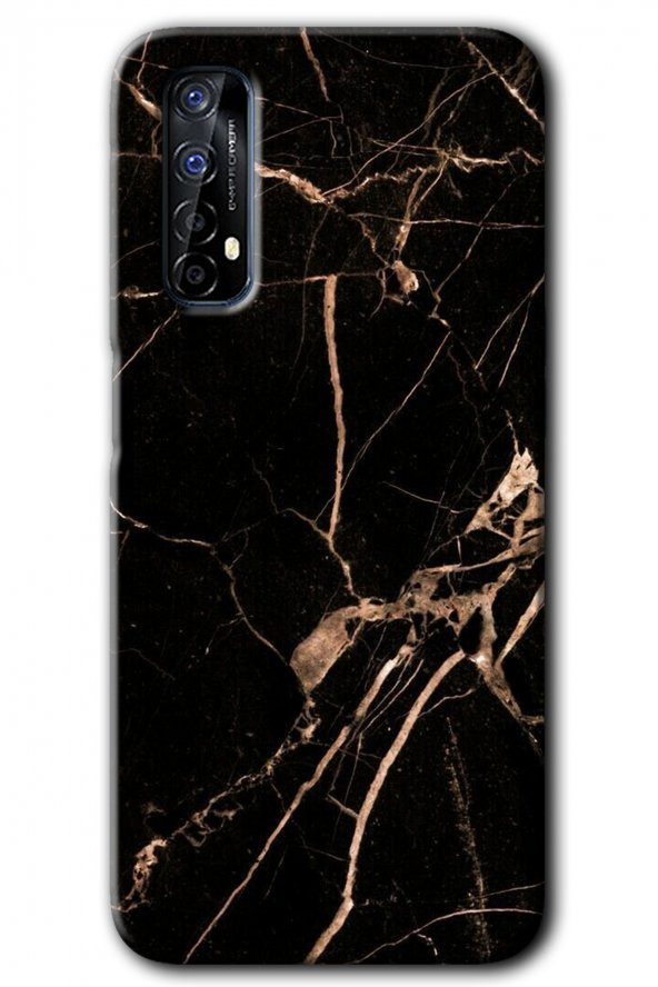 Realme 7 Kılıf HD Desen Baskılı Arka Kapak - Siyah Gold Mermer