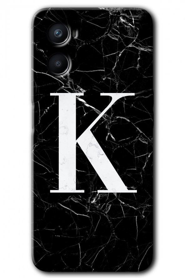 Oppo Reno 3 Kılıf HD Desen Baskılı Arka Kapak - Siyah Mermer Desenli K Harfi - 1