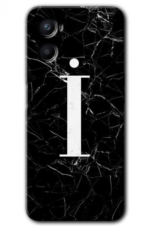 Oppo Reno 3 Kılıf HD Desen Baskılı Arka Kapak - Siyah Mermer Desenli İ Harfi - 1