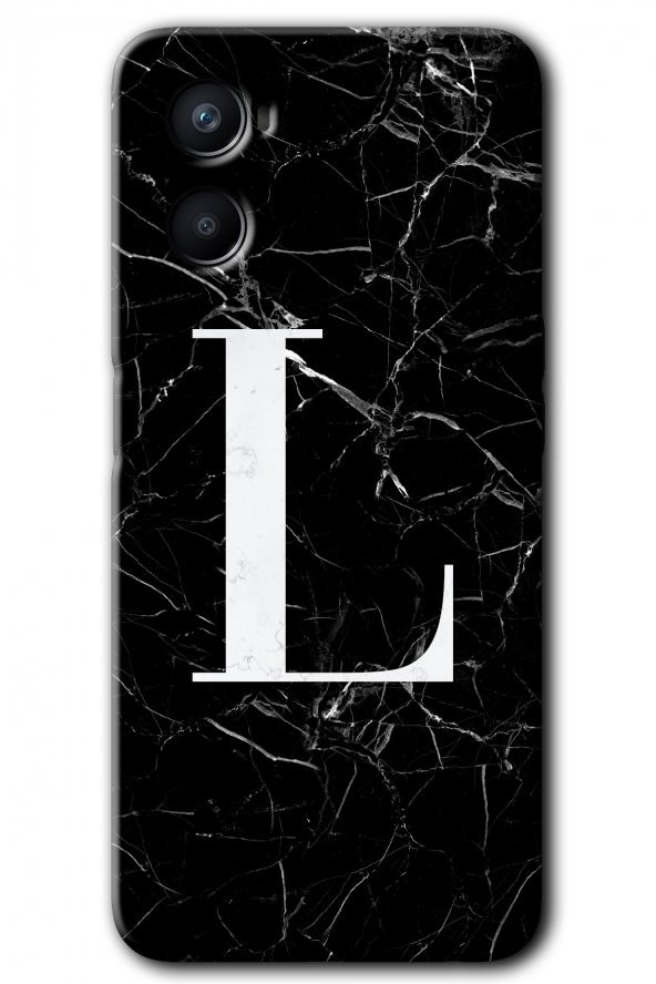 Oppo Reno 3 Kılıf HD Desen Baskılı Arka Kapak - Siyah Mermer Desenli L Harfi - 1