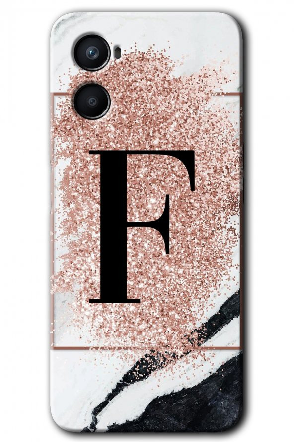 Oppo Reno 3 Kılıf HD Desen Baskılı Arka Kapak - Pembe Mermer Desenli F Harfi - 1