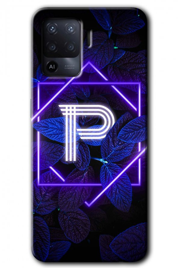 Oppo Reno 5 Lite Kılıf HD Desen Baskılı Arka Kapak - Dark Neon Yaprak P Harfi - 1
