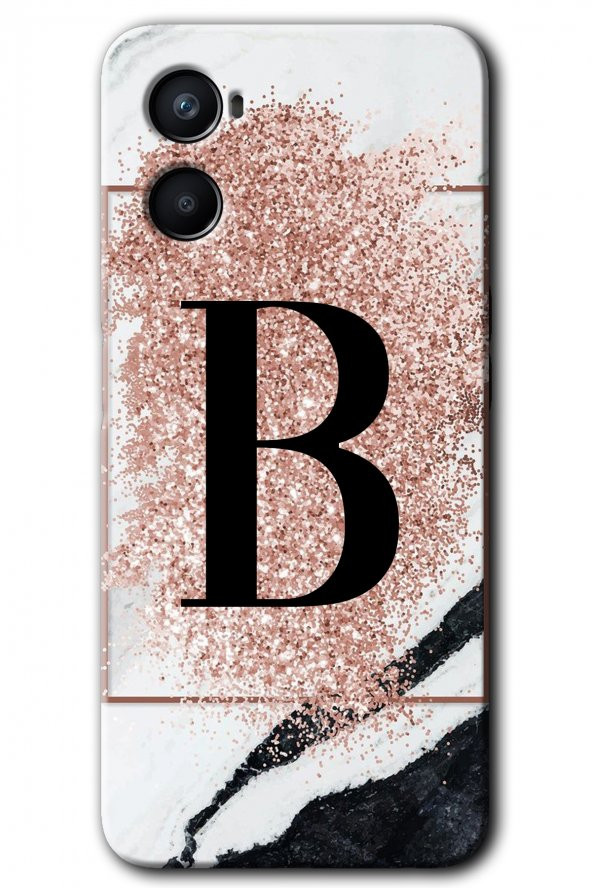 Oppo Reno 3 Kılıf HD Desen Baskılı Arka Kapak - Pembe Mermer Desenli B Harfi - 1
