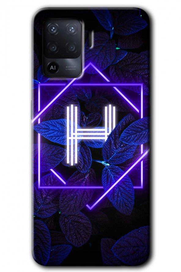 Oppo Reno 5 Lite Kılıf HD Desen Baskılı Arka Kapak - Dark Neon Yaprak H Harfi - 1